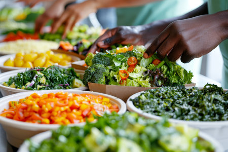 Fresh, Colorful Salad Bar With A Variety Of Healthy Food Options, Diverse Hands Reaching For Foodの素材