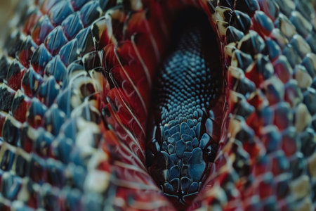 Intense close up of a screaming black snake s head showcasing intricate details and vivid colorsの素材