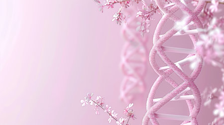 Sparkling DNA Strand on Pink Background, Scientific Biotechnology Header with Cherry Blossomの素材