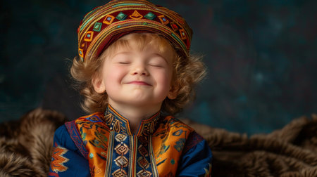 Cheerful portrait of a young muslim child in traditional attire against a dark backgroundの素材