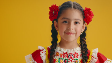 Charming portrait of a joyful young mexican child in traditional attire with space for textの素材