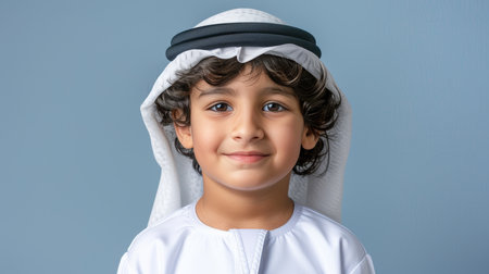 Joyful portrait of a cute arabic child in traditional dress with space for text on solid backgroundの素材