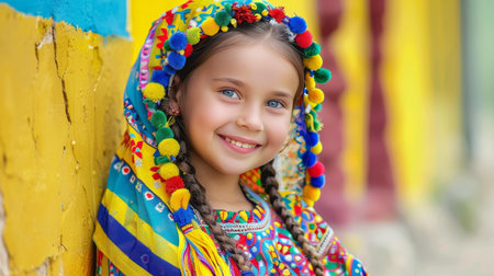 Delightful slavic child in traditional clothing, soft smile, with space for text on solid backgroundの素材