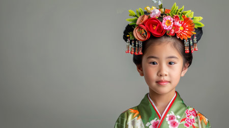 Joyful portrait of a cute chinese child in traditional dress against a soft light backgroundの素材