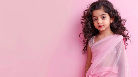 Joyful indian child in traditional attire with gentle smile against a soft pastel backgroundの素材