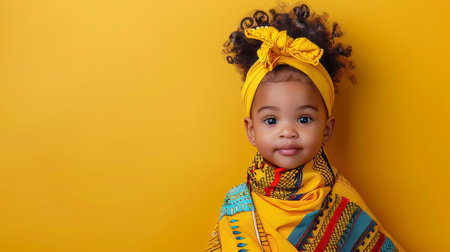 Cheerful african child in traditional attire with soft smile and space for text on solid backgroundの素材