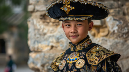 Adorable portrait of a cheerful chinese child in traditional attire with a gentle smileの素材