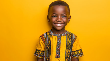 Cheerful african child in traditional attire with subtle smile and space for textの素材