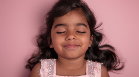Charming portrait of joyful indian child in traditional attire against soft pastel backgroundの素材