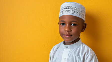 Cheerful portrait of a cute african child in traditional attire with a gentle smile and text spaceの素材