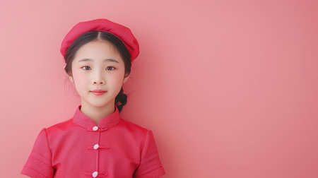 Delightful portrait of a happy chinese child in traditional dress on a soft backgroundの素材