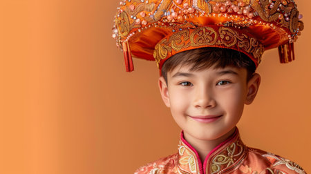 Portrait of a joyful chinese child in traditional attire, smiling softly against a solid backgroundの素材