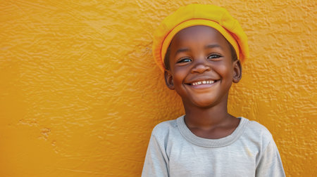 Portrait of a joyful african child in traditional attire with a subtle smile and text spaceの素材