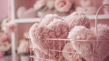 Creative valentine s day shopping banner featuring heart plush, flowers, and market cart designの素材