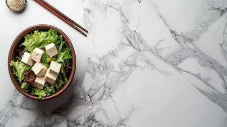 Healthy diet salad for belly fat loss  tofu noodles and yangjangpi on a stylish marble countertopの素材