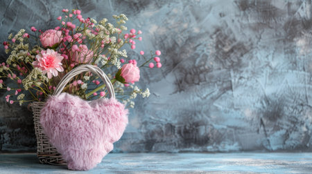 Creative valentine s day shopping banner featuring heart plush and flower bouquet in basketの素材