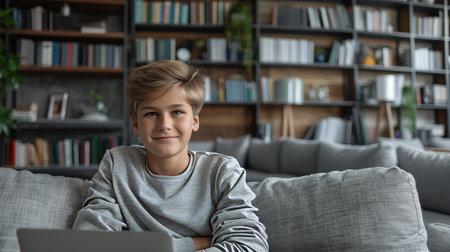 Smiling Boy Uses Laptop on Sofa with Bookshelves Focused Student Enjoys E-Learning at Homeの素材