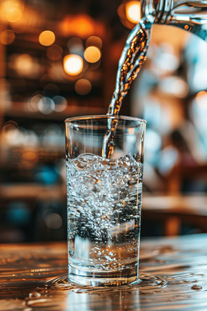 Crystal Clear Hydration Refreshing Stream of Water Pours into Minimalist Glass on Rustic Tableの素材
