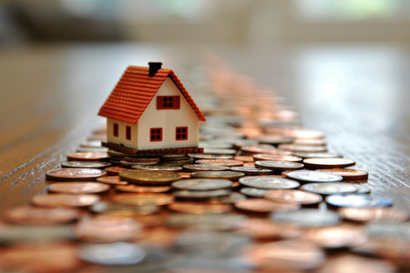 Model Home Standing on Path of Coins, Representing Real Estate Investment And Affordability.の素材