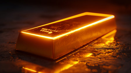 Glowing Gold Bar on Dark Background A High-Resolution Image Offering Ample Copy Spaceの素材