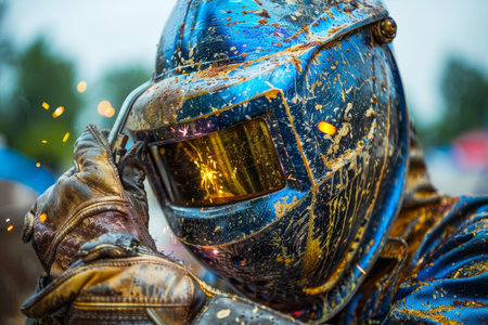 Close-up, Experienced Welder in Protective Gear, Works with Welding Torch, Emitting Bright Sparksの素材