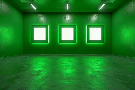 Empty Green Room With Three Blank Illuminated Frames On The Wall, Modern Gallery Interior Backgroundの素材