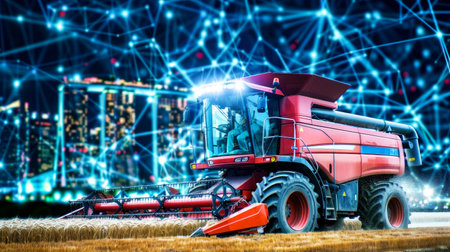 Red Harvester In Field, Modern City Skyline And Digital Network, Smart Agriculture Concept.の素材
