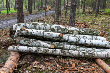 Several freshly cut birch logs are neatly stacked by a muddy path in a quiet forest. Surrounding greenery and distant wood piles indicate recent logging activity in the area.の写真素材