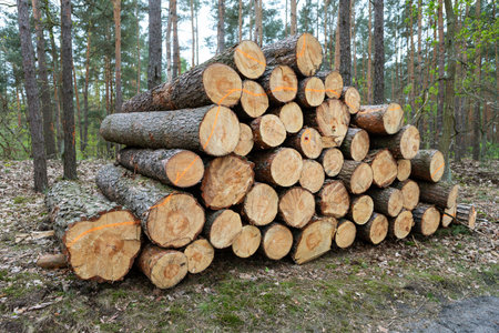 In a forested area, a neatly stacked pile of freshly cut logs rests beside a dirt pathway. Surrounding trees and green foliage indicate springtime, creating a serene outdoor setting.の写真素材