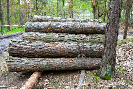 Several logs are neatly stacked near a tree in a peaceful forest. Fresh green leaves surround the area, indicating the arrival of spring. The scene captures natural beauty and tranquility.の写真素材