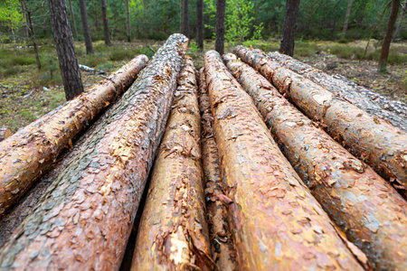 Sturdy logs are stacked in rows on the forest floor, showcasing their rough bark and natural colors....