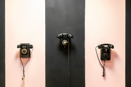 Three vintage rotary phones hang on a striking black and pink wall, inviting patrons to reminisce about simpler times and the art of conversation.の写真素材