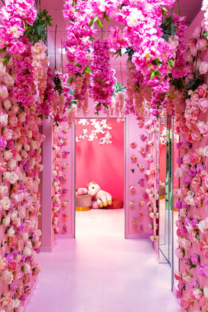 A vibrant corridor adorned with pink flowers on either side leads to a charming room. The decor creates a whimsical atmosphere, ideal for photos or relaxation.の写真素材