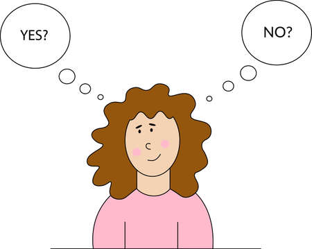 Vector illustration of the thinking woman, hesitating and making a decision between yes or no. Words appear in bubble speeches.のイラスト素材