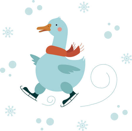 Vector illustration of a cute goose in a red scarf skating in the snowfall.のイラスト素材
