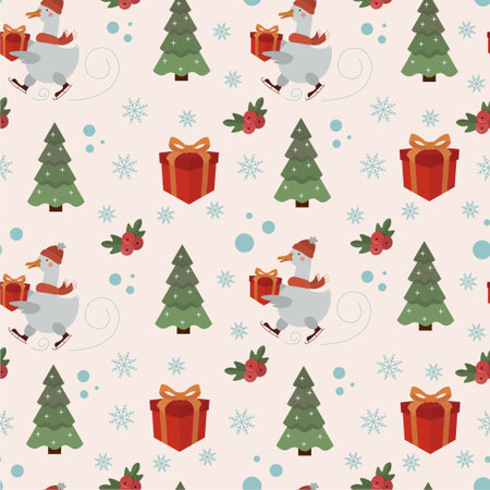 Vector seamless pattern with a goose in the red hat and scarf carrying a gift and skating near the...