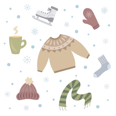 Set of winter vector illustrations. Scandinavian colors. Christmas mood. Cozy sweater, hat, scarf, sock, mitten, ice skate, snow flakes and mug with a hot drink.のイラスト素材