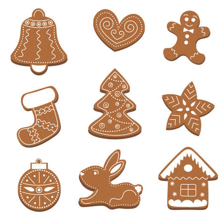 Christmas gingerbread set: bell, heart, man, sock, tree, star, new year's ball, bunny, house. Isolated on white background. Vector illustration. Collection of holiday symbols, icons.のイラスト素材