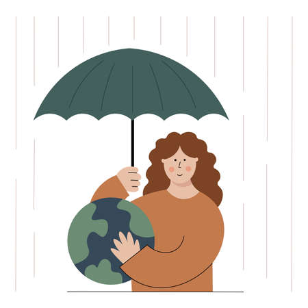 Earth protection concept. Vector illustration of the girl hugging the planet and taking an umbrella above. Caring of the globe. Environment conservation.のイラスト素材