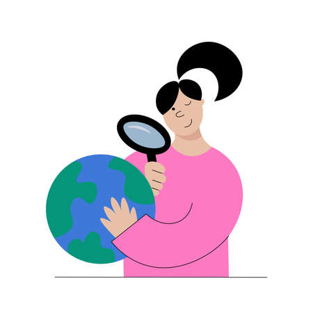Global search concept. Vector illustration of a girl looking through magnifying glass on the globe doing market research or international recruitment.のイラスト素材