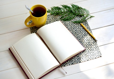 Notebook with yellow pencil and fern on white backgroundの写真素材