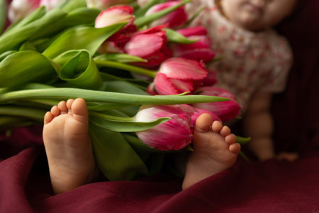 Toddler feet among big beautiful bouquet of pink tulips.の写真素材