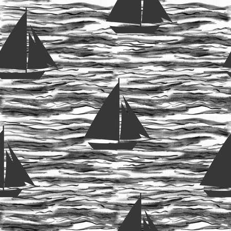 Seamless black and white wave pattern water watercolor with silhouettes of boatsの写真素材