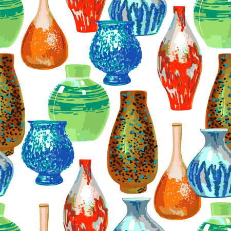 Seamless Pattern Vases multicolored Different shapes vector on a white backgroundのイラスト素材