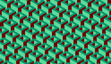 Seamless pattern of the cube isometry green with burgundyのイラスト素材