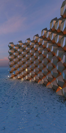 Background golden parametric panel illuminated by the setting sun in the water 3d rendering