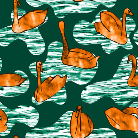 Seamless Pattern Lake Water Spots silhouettes of swans green and orange watercolorの写真素材