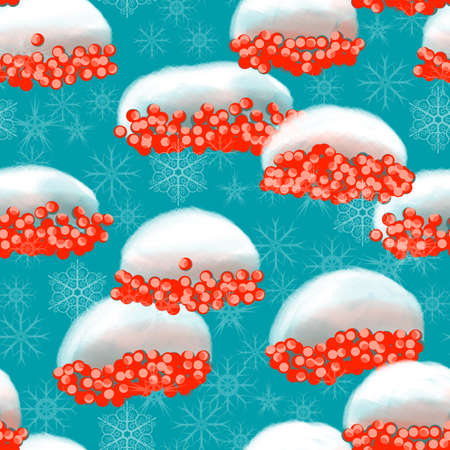 Seamless pattern of winter mountain ash in the snow on a blue backgroundの写真素材