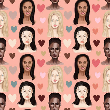 Seamless pattern portraits of women of different races pink backgroundの写真素材