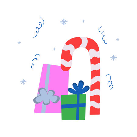 Christmas and new year composition. Colorful seasonal elements with gift boxes and candy. Isolated a white background. Vector illustrationのイラスト素材